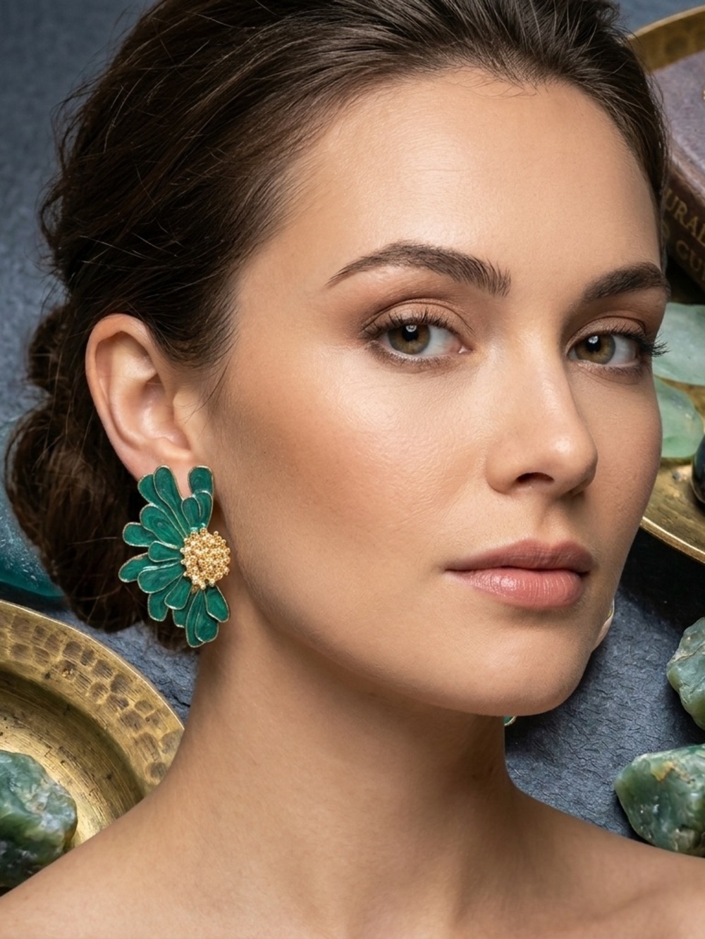 Emerald Petal Statement Earrings with Gold Center